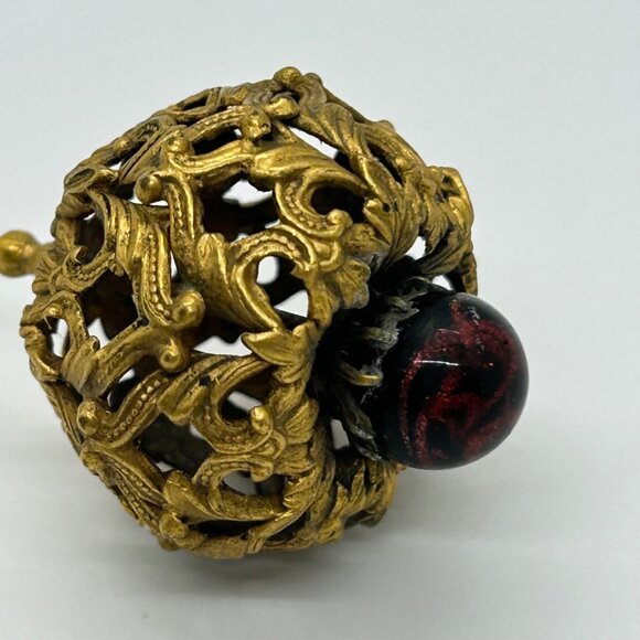 Antique Edwardian Hat Pin Gilded Brass Filigree Red Cabochon 1900s 9" READ - Picture 7 of 16